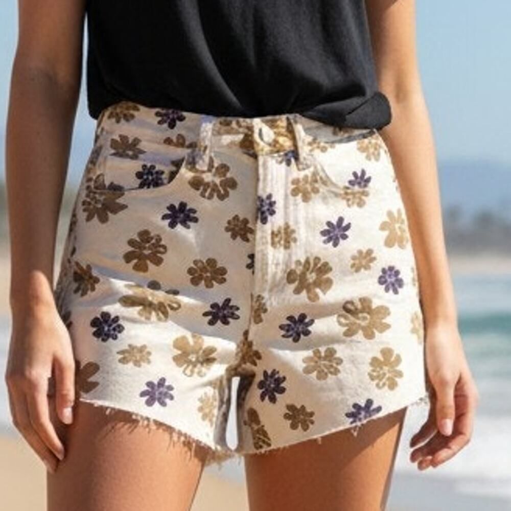 Chic KHAKI & BLUE Womens New w/Tags Beige Floral High-Rise Shorts - Size: 5